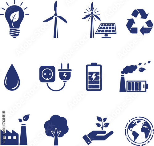 Renewable energy and environmental protection icons in dark blue ecology sustainability
