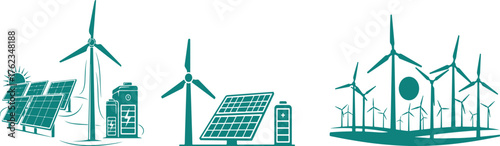 Renewable energy icons with solar panels wind turbines and batteries Keywords: solar panel, wind turbine, battery, renewable energy