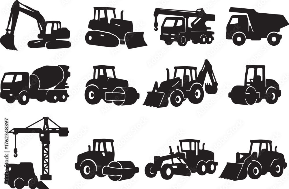 Obraz premium Collection of diverse construction machinery silhouettes powerful heavy equipment for industrial projects and urban development