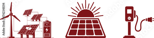 Renewable Energy Icons Wind Turbine Solar Panels Battery Electric Vehicle Charger vector illustration