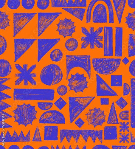 Seamless pattern with bold brutal geometric shapes and playful crayon scribbles. Hand drawn childish doodles, brush strokes and funky abstract figures for modern graphic vector backgrounds.