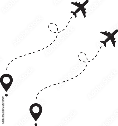 Airplane line path vector icon set of air plane flight route with start point and dash line trace. Various aircraft and destination location pins icons.
