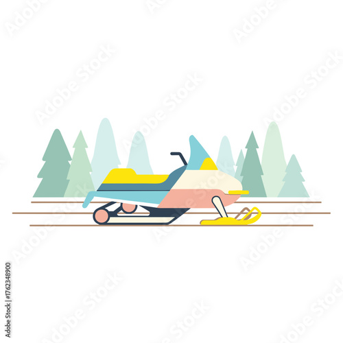 Snowmobile on forest trail in colorful style representing winter  