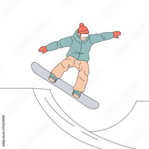 Snowboarder performing tricks on halfpipe during winter season  