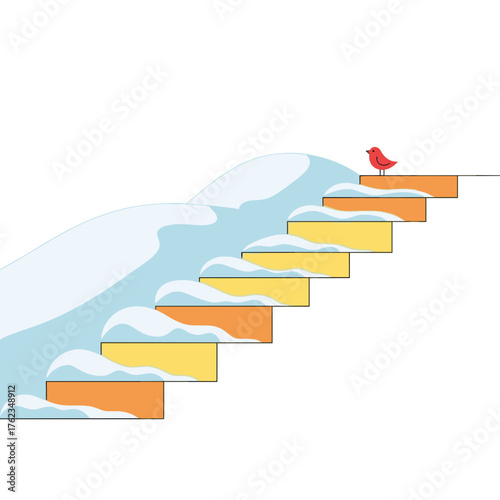Snow-covered stairs with a red bird perched on top in winter  