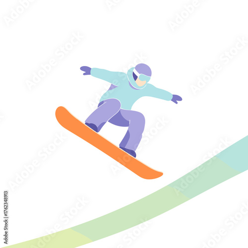 Snowboarder jumping in mid-air on a slope in winter landscape  