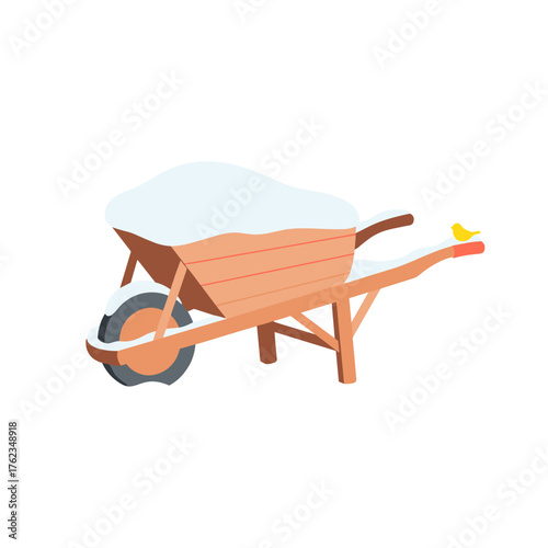 Wooden wheelbarrow filled with snow and a small bird perched on top  