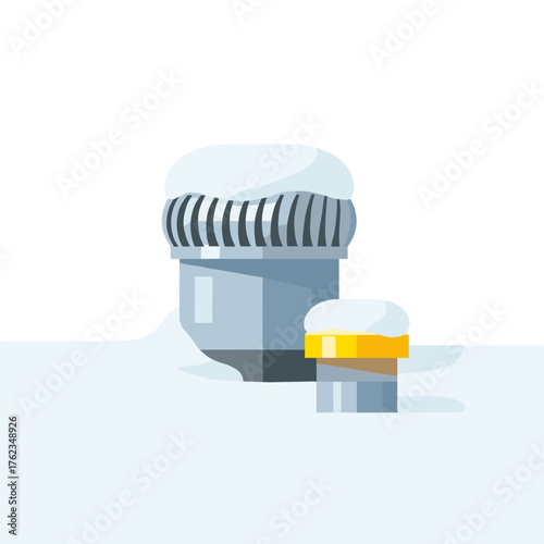 Snow-covered rooftop vents with snow accumulation in winter  