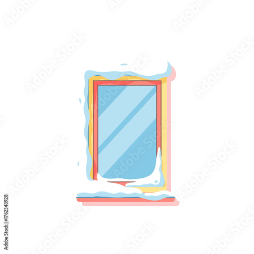 Snow on window frame with colorful borders in winter setting  