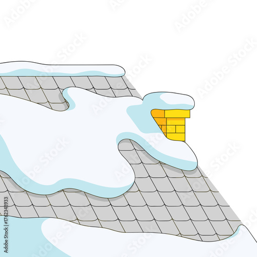 Snow-covered rooftop tiles with chimney on a winter day  