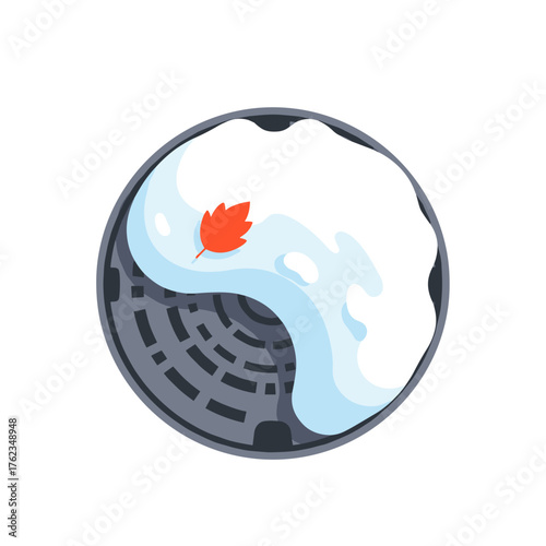 Snow covering manhole with red leaf in winter season  