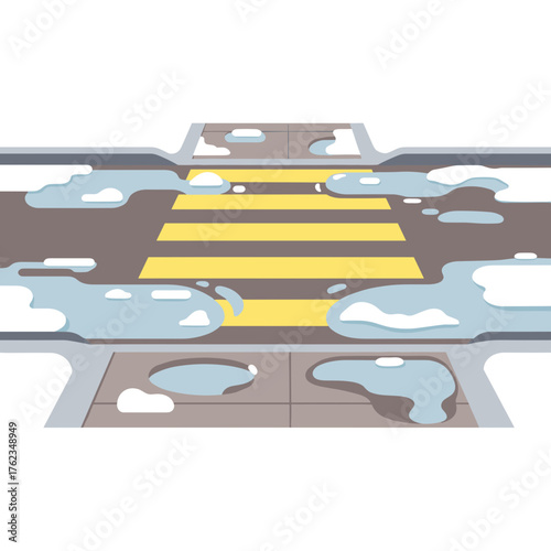 Slushy city crosswalk with puddles on a grey background showing winter  