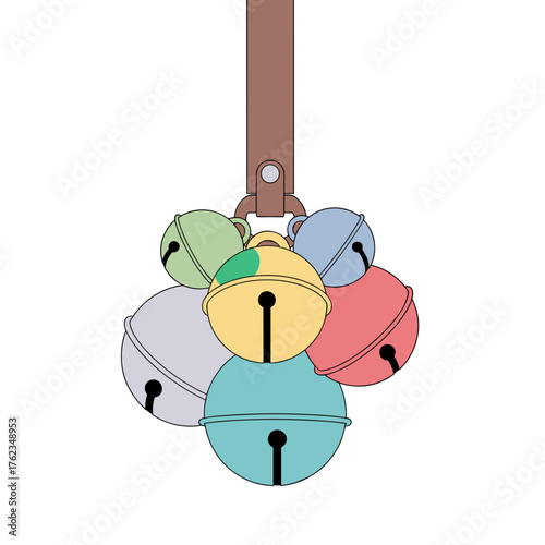 Colorful sleigh bells hanging on brown strap for winter decoration  