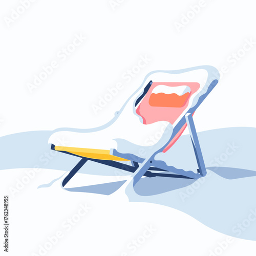 Snow-covered deck chair on white background in winter concept  
