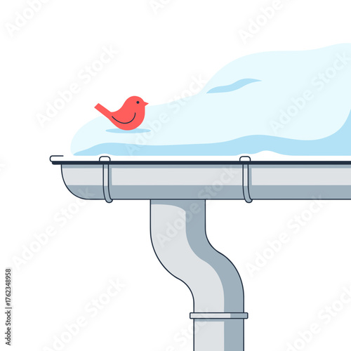 Red bird sitting on snowy gutter edge during winter  