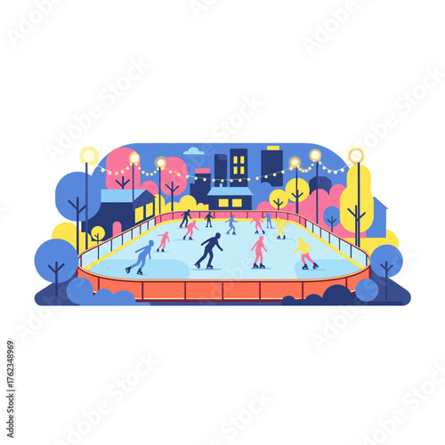 People skating on ice rink at night in winter setting  