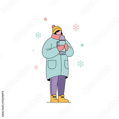 Person holding thermos in warm coat and hat during winter season  