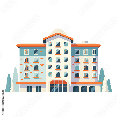 Ski resort hotel facade with colorful design and winter theme  
