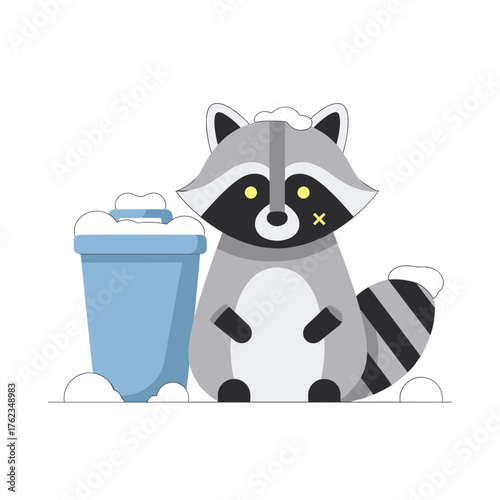 Raccoon sitting beside blue trash bin covered with snow in winter  