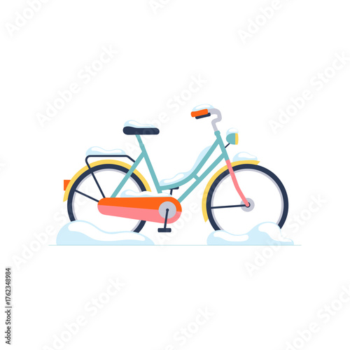 Old bicycle covered in snow with colorful accents during winter  
