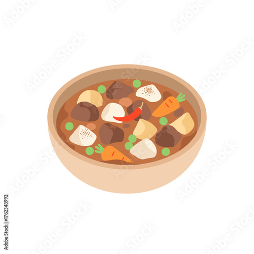 Mutton stew with vegetables in a clay bowl on a white background  