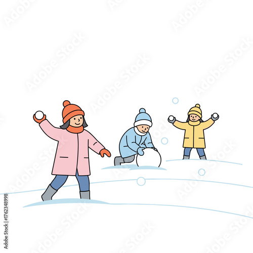 Kids playing in snow while throwing snowballs during winter  