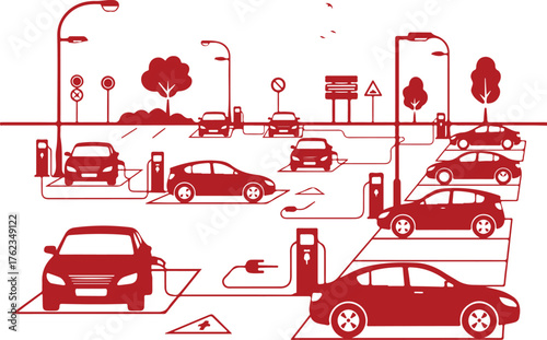 Electric Vehicle Charging Station Scene with Red Silhouettes of Cars and Infrastructure Keywords: electric car, charging station, E