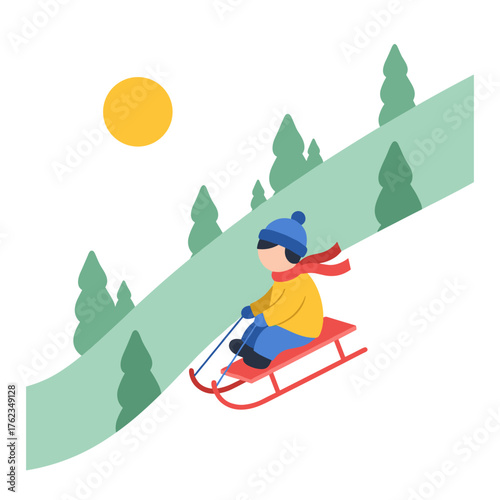 Child sledding down a snowy hill in winter sun  
