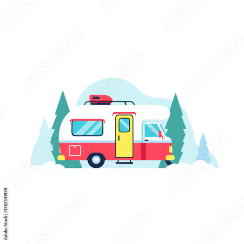 Red campervan parked in snowy landscape with evergreen trees  