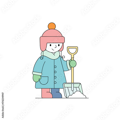 Child shoveling snow in colorful winter outfit outdoors  