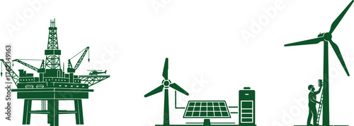 Energy industry icons oil rig wind turbines solar panels and worker Keywords: energy industry, oil rig, offshore platform, crane