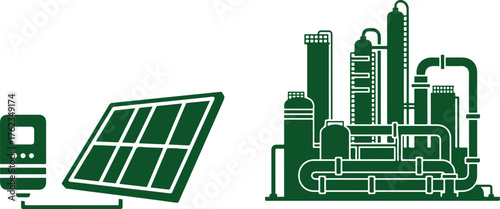 Green Icons of Solar Panel and Industrial Factory on White Background Keywords: solar panel, factory, industry, renewable energy