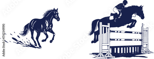 Horse Running And Horse Jumping Over Obstacle Silhouettes horses