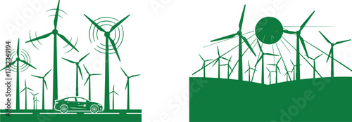 Green Silhouettes of Wind Turbines and Electric Cars on White Background Keywords: wind turbine, wind power, renewable energy, green