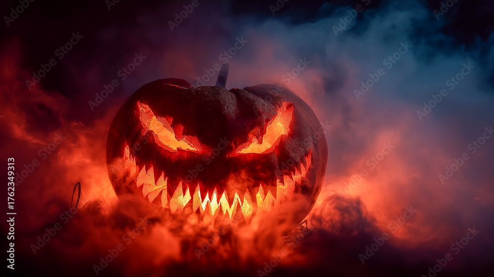 Fototapeta premium Scary jack o lantern pumpkin glowing in smoke and darkness