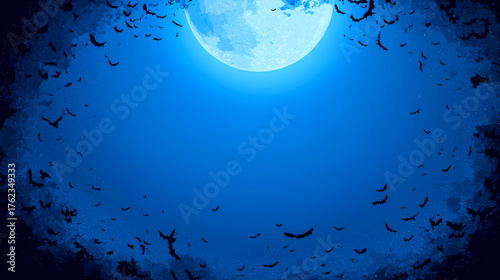 Blue night sky with full moon and flying bats illustration, copy space