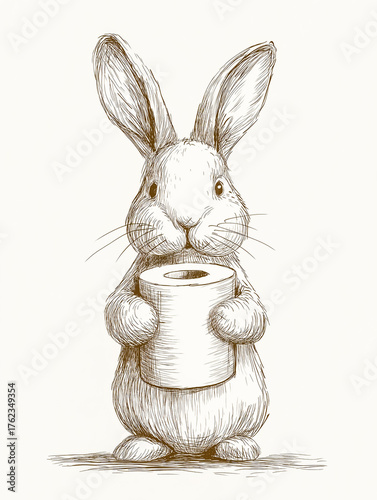 Cute hand-drawn bunny holding toilet paper roll, funny sketch illustration
