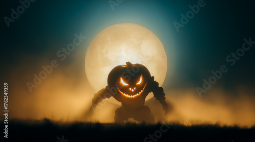 Creepy pumpkin monster standing in front of full moon with glowing eyes