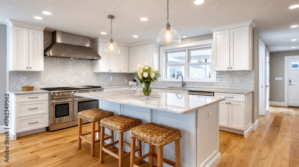 Fototapeta premium Modern kitchen interior with white cabinets and island