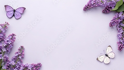 Romantic invitation with delicate lavender flowers and lilac butterflies framing an empty center space on a light lavender background