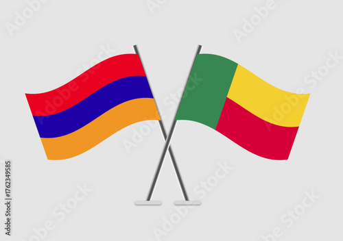 Armenia and Benin vector flags with realistic pole detail