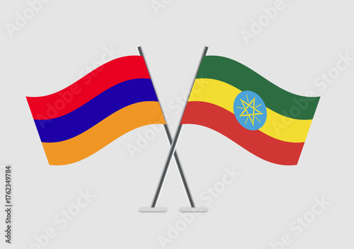 Armenia and Ethiopia vector flags with motion curve in flag shape