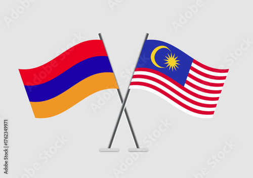Armenia and Malaysia vector flags with realistic flag motion