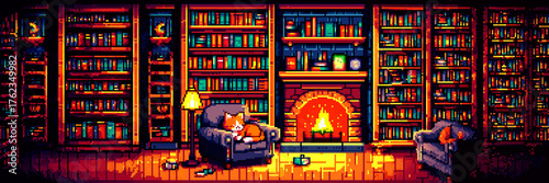 Cozy Retro Pixel Art Still Image of a Cat Sleeping in an Armchair by a Fireplace in a Warm, Fully Stocked Library or Bookstore Interior