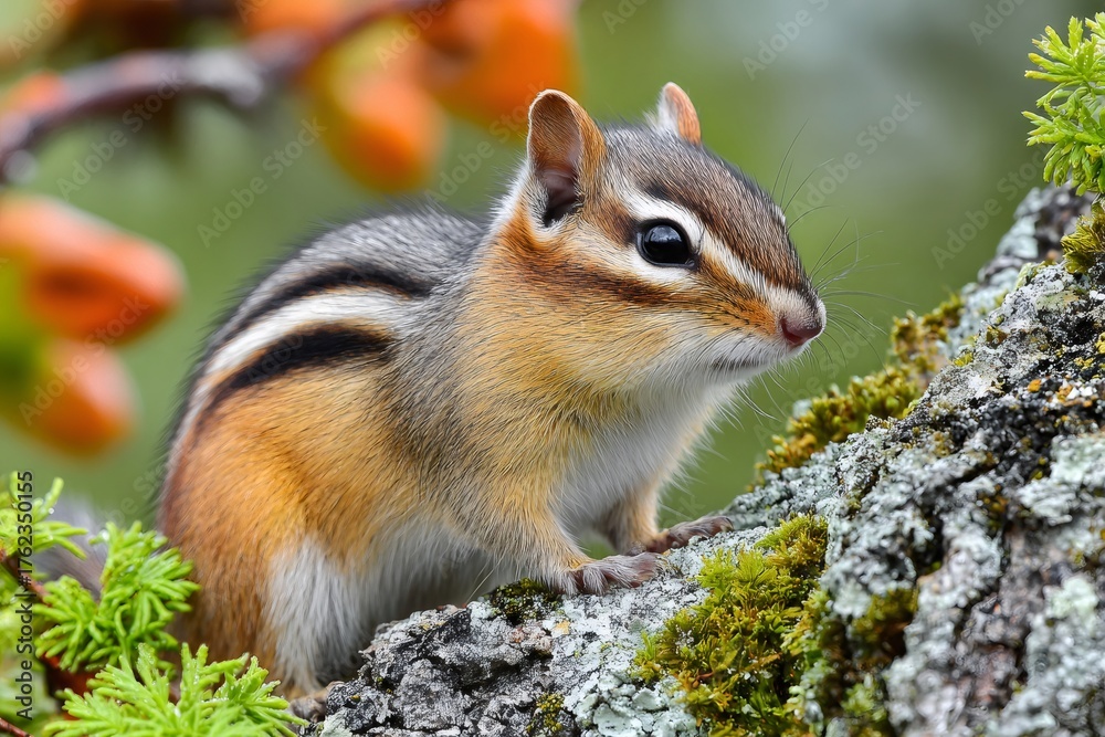 Obraz premium Eastern chipmunk standing on mossy tree branch