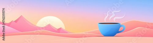 Cozy Blue Cup of Coffee Against Colorful Sunrise Over Pink Mountain Landscape