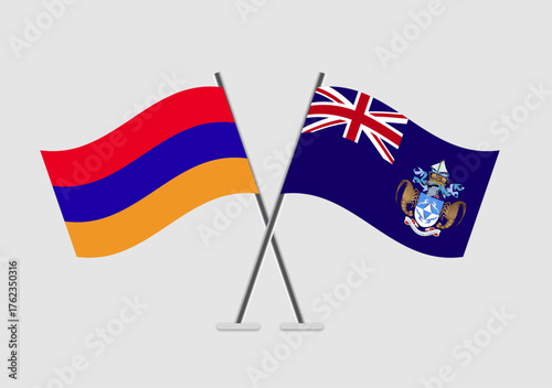 Armenia and Tristan da Cunha vector flags on soft gray with realistic wave