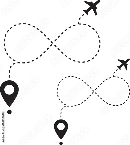 Airplane line path background Dashed flight route with travel location vector
