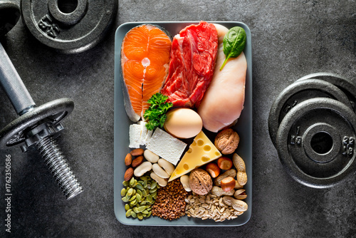 Sources of protein. High protein food for bodybuilders as fish, beef, chicken breast, dairy, eggs, buckwheat, nuts, bean, pumpkin seed, sunflower seed.