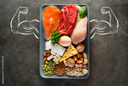 Sources of protein. High protein food for bodybuilders as fish, beef, chicken breast, dairy, eggs, buckwheat, nuts, bean, pumpkin seed, sunflower seed.